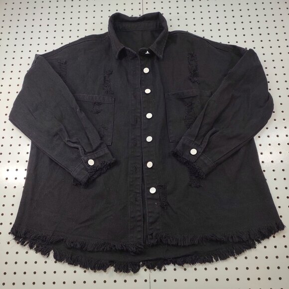 Black Oversized Distressed Jean Shirt Jacket, Size Medium - Picture 1 of 8